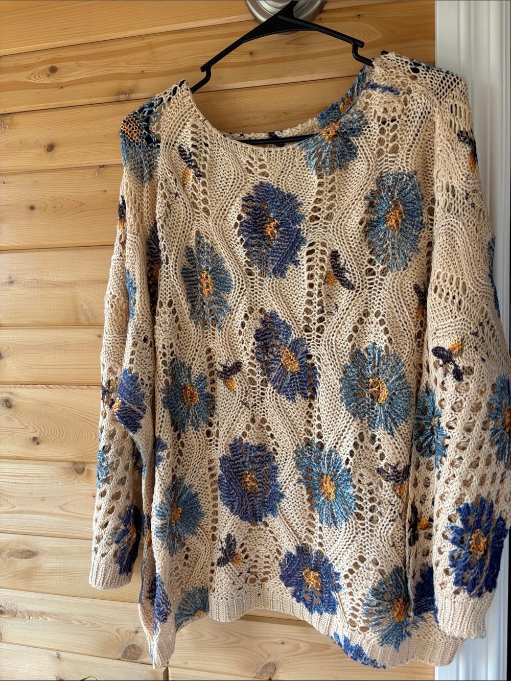Boho nwot Beige Open-Knit Floral Sweater with Blue Accent